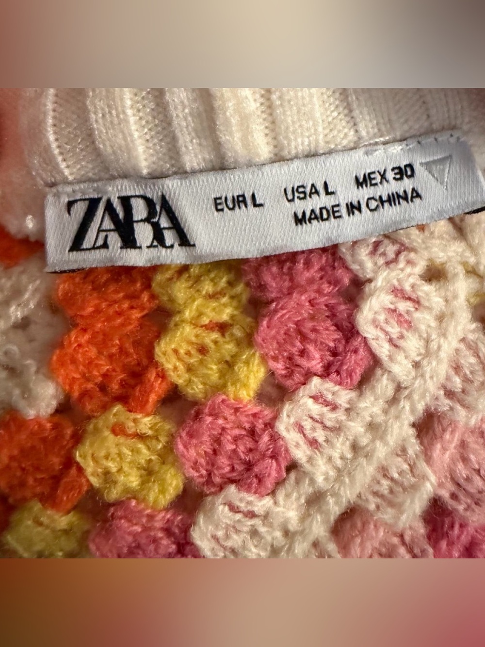 Zara womens Lg chenille crocheted pink, orange, + yellow granny square sweater - Picture 7 of 7